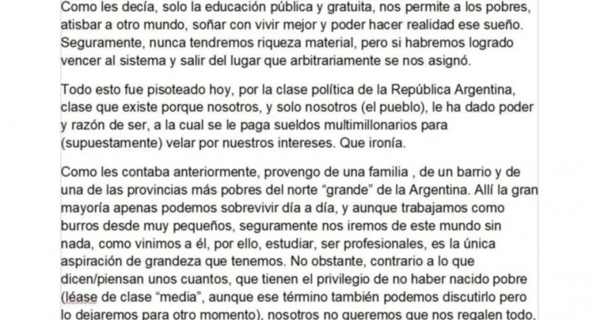 La dura carta de una estudiante de la Unne: 