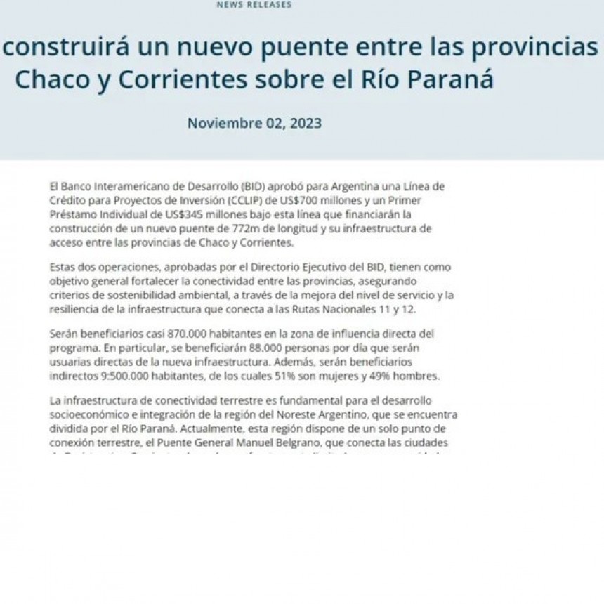 El BID aprobó el financiamiento para el segundo puente Chaco-Corrientes